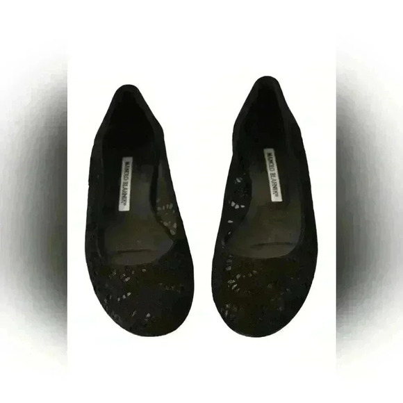 MANOLO BLAHNIK Black Lace Suede Cutout Floral Round Toe Flats 37.5EU 7.5US Italy - Picture 2 of 8